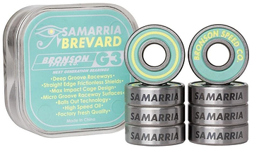 The Bronson Samaria Brevard Pro G3 Skateboard Bearings, featuring "deep groove raceways" and "high speed oil," showcase a vibrant green and yellow design proudly displaying her name.