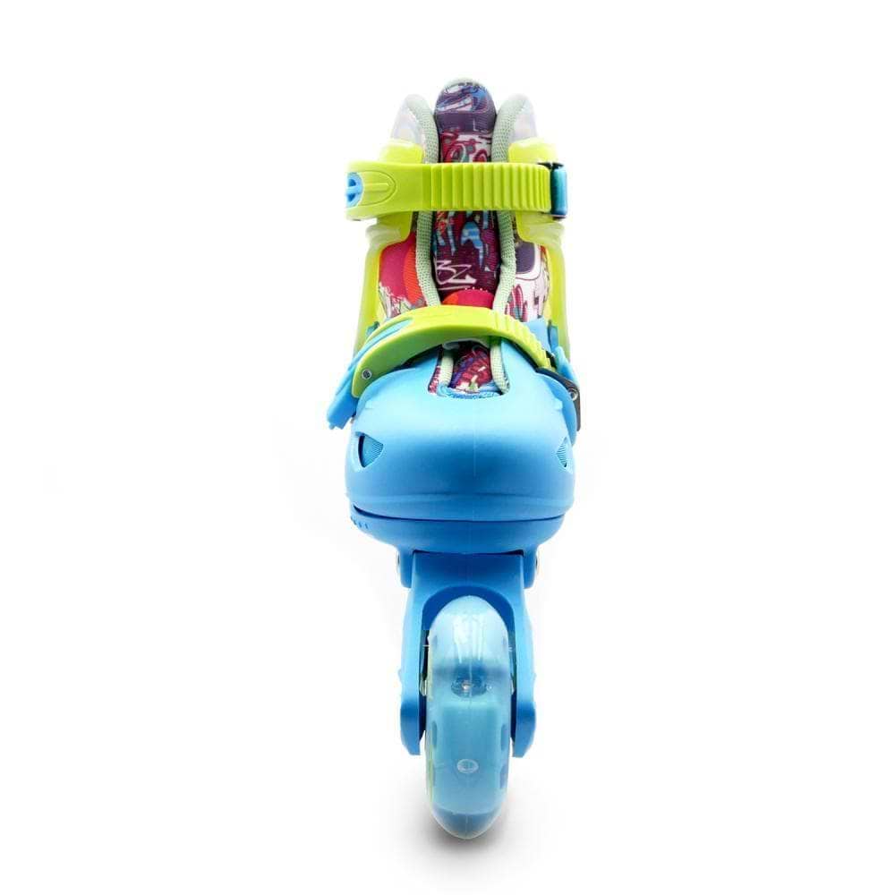 Front view of Roces Ply Flash Adjustable Kids Inline Skates for kids, featuring a blue toe, yellow straps, flashing wheels, and a multicolored inner lining by Roces, shown on a plain white background.