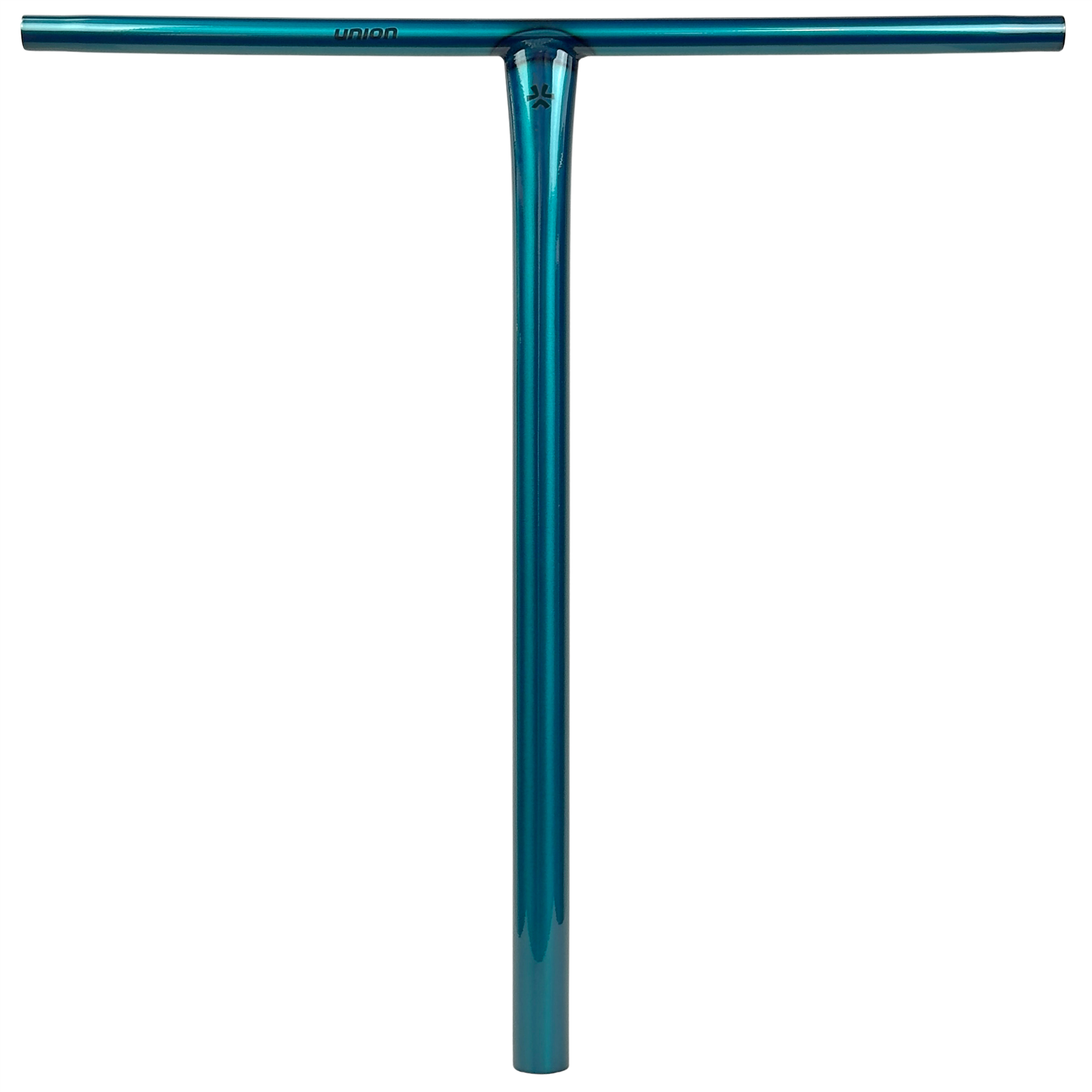 The Union Uniq T Steel Standard IHC Stunt Scooter Bar in Polished Teal (550mm x 520mm) by Union, made from durable chromoly steel with a straight horizontal grip and vertical stem, is shown against a white background.