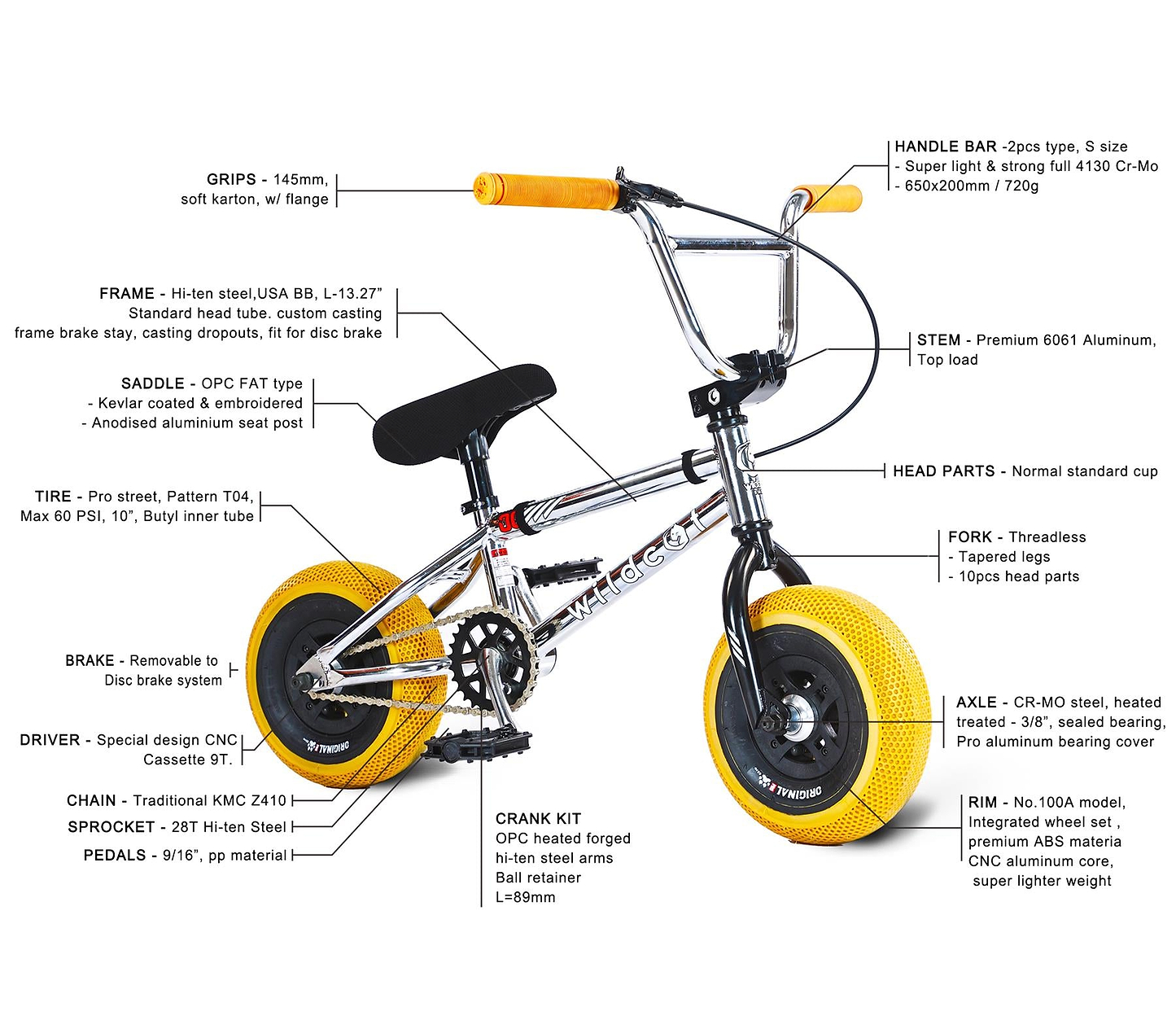 The Wildcat OG 3A Mini BMX Bike - Galaxy Gum by Wildcat features a chrome frame, yellow PRO Street 65PSI tyres and grips, CNC aluminium wheel rims, plus labeled parts: handlebars, stem, saddle, fork, crank, axle, sprocket, pedals, and driver.