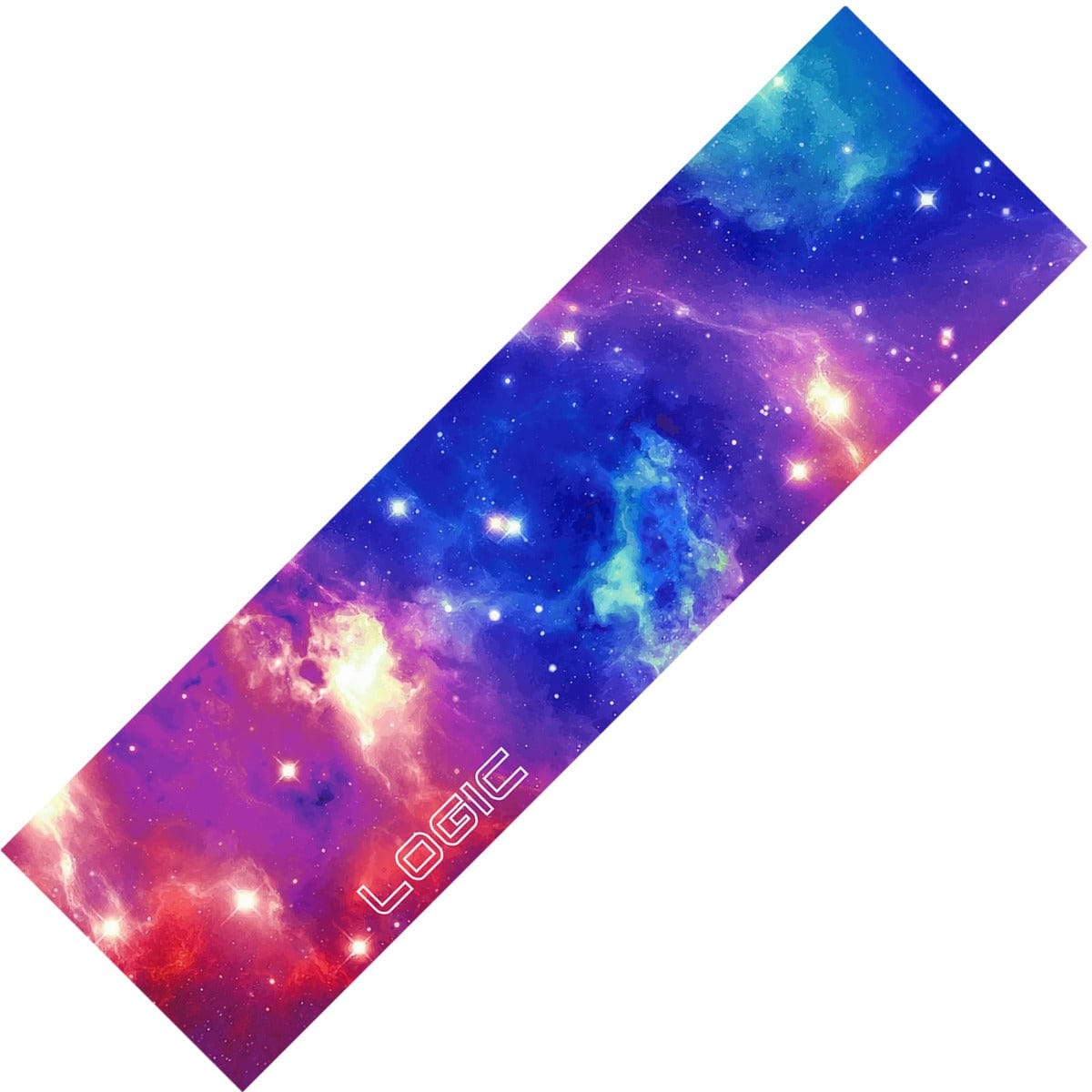 A rectangular mousepad inspired by the Logic V2 Stunt Scooter Griptape, showcasing a vivid galaxy design with colorful nebulae and stars in shades of blue and red. It features an ultra-grippy finish for enhanced control, with "LOGIC" prominently printed in white on the corner.