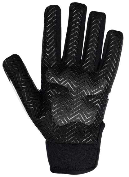 The Revvi Long Finger Tech Kids Bike Protection Gloves - Black feature a textured zigzag palm and fingers, a secure-fit cuff of different material, and offer comfort like padded palm gloves. Brand: Revvi. Seen from the palm side.