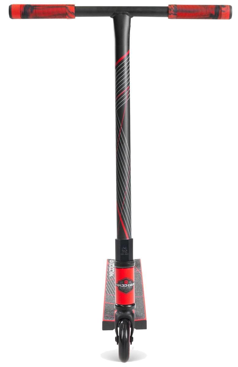 The Madd Gear (MGP) MG 1 Raven Complete Stunt Scooter in red and black features a T-shaped handlebar, black deck, red grip tape, and single front wheel, displayed from the front on a white background.