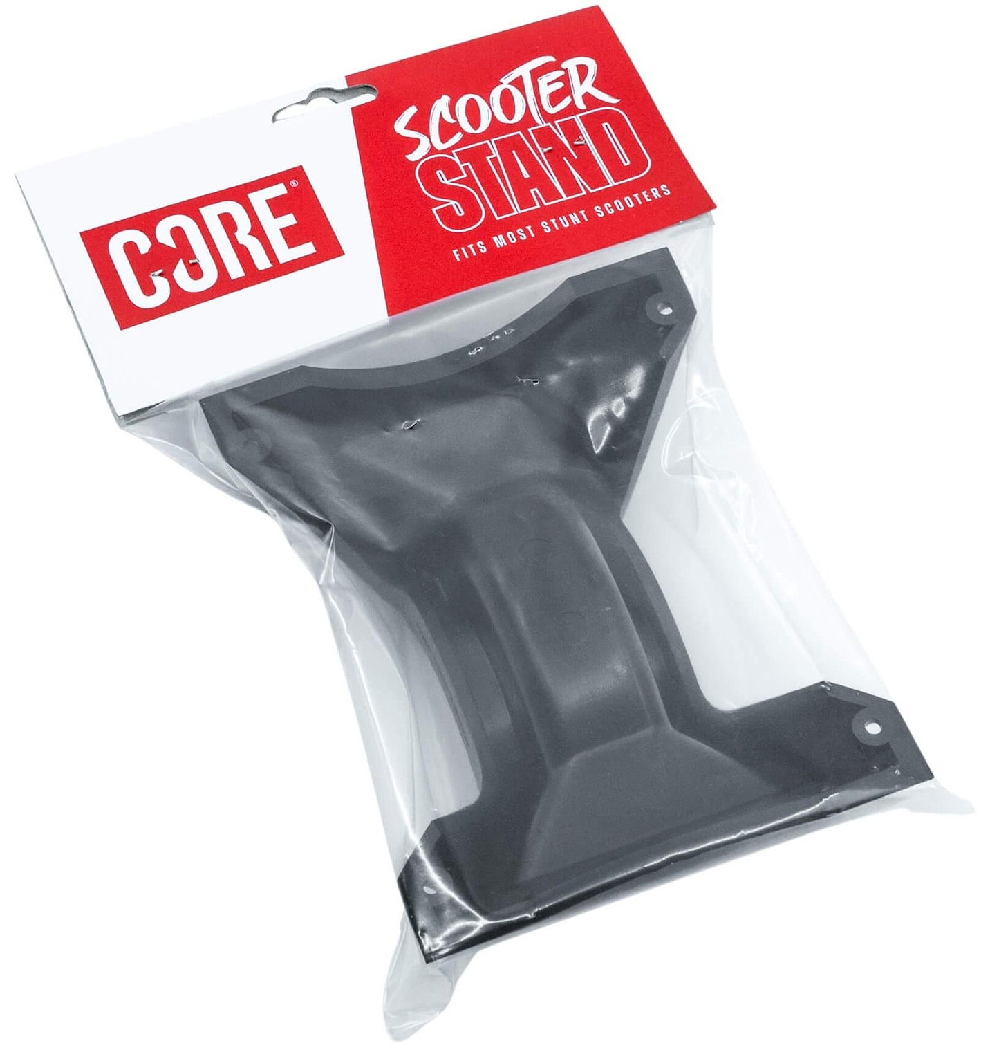 The CORE Claw Scooter Floor Stand - Black by CORE comes in a clear plastic bag with a red and white "CORE Scooter Stand" label and "Fits Most Stunt Scooters." It's the ideal stand for your scooter setup.