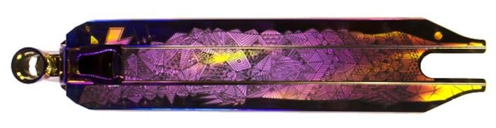 The Lucky Covenant Neo Purple Stunt Scooter Deck (4.5" x 20.5") features an iridescent finish with engraved geometric patterns and a forked end, shifting colors from purple to gold for a premium, eye-catching setup.