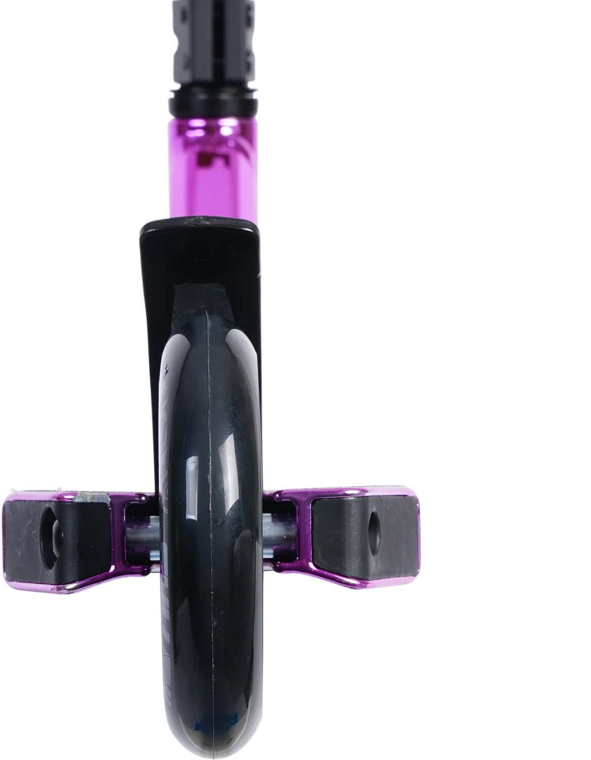 Front view of the Sullivan Antic Complete Stunt Scooter wheel in black (110mm) with a pink, black, and silver fork by Sullivan, showing fork arms extending on each side against a white background.