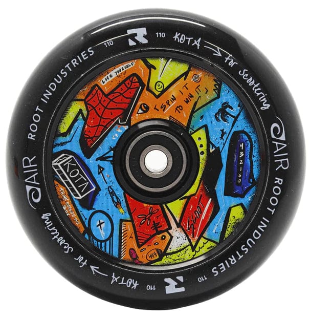 The Root Industries x KOTA Limited Edition AIR 110mm Stunt Scooter Wheel features vibrant abstract colors and a black rim with white “Root Industries AIR,” “Kota,” and “For Scootering” text—ideal for reliable KOTA stunt scooter performance.