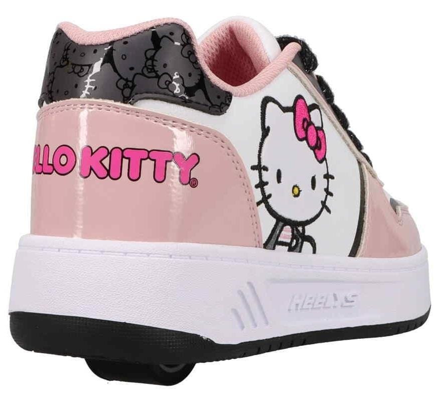 The Heelys x Hello Kitty Kama HKC Girls Shoes, in light pink, black, and white, feature Hello Kitty graphics and text on the heel plus a visible wheel—perfect for Hello Kitty fans who love stylish Heelys.