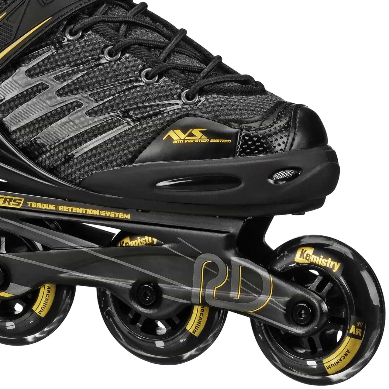 Close-up of the Roller Derby Aerio V2 Q-60 Men's Inline Skates in Black/Gold, showing detailed stitching, mesh panels, "RD" accents on the frame, and four 80mm Elite speed wheels labeled "Kemistry.