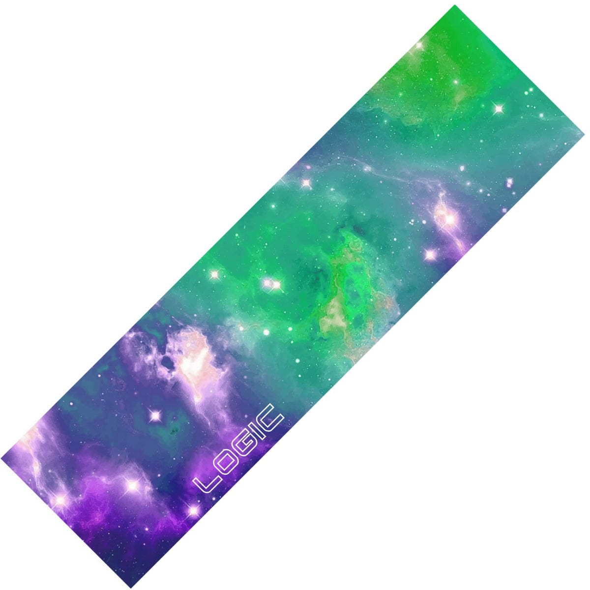 A long, rectangular piece of Logic's V2 Stunt Scooter Griptape showcases a vibrant galaxy design in shades of green, purple, and blue, complete with stars and glowing nebulae. Its ultra-grippy finish ensures stability during use, and the word "LOGIC" is printed in a white, futuristic font in the bottom left corner.