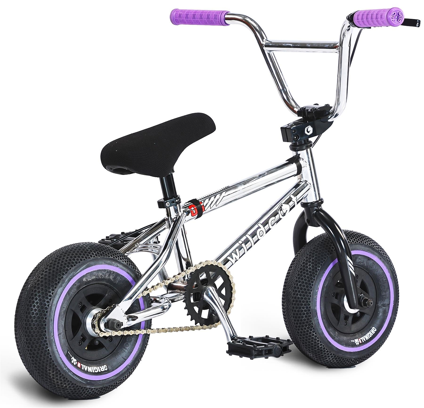 The Wildcat OG 3A Mini BMX Bike - Galaxy Purple is a small chrome bike with thick black PRO Street 65PSI tyres, purple CNC aluminium wheel rims and treads, purple grips and pedals, a black seat, and "wildcat" on the frame.