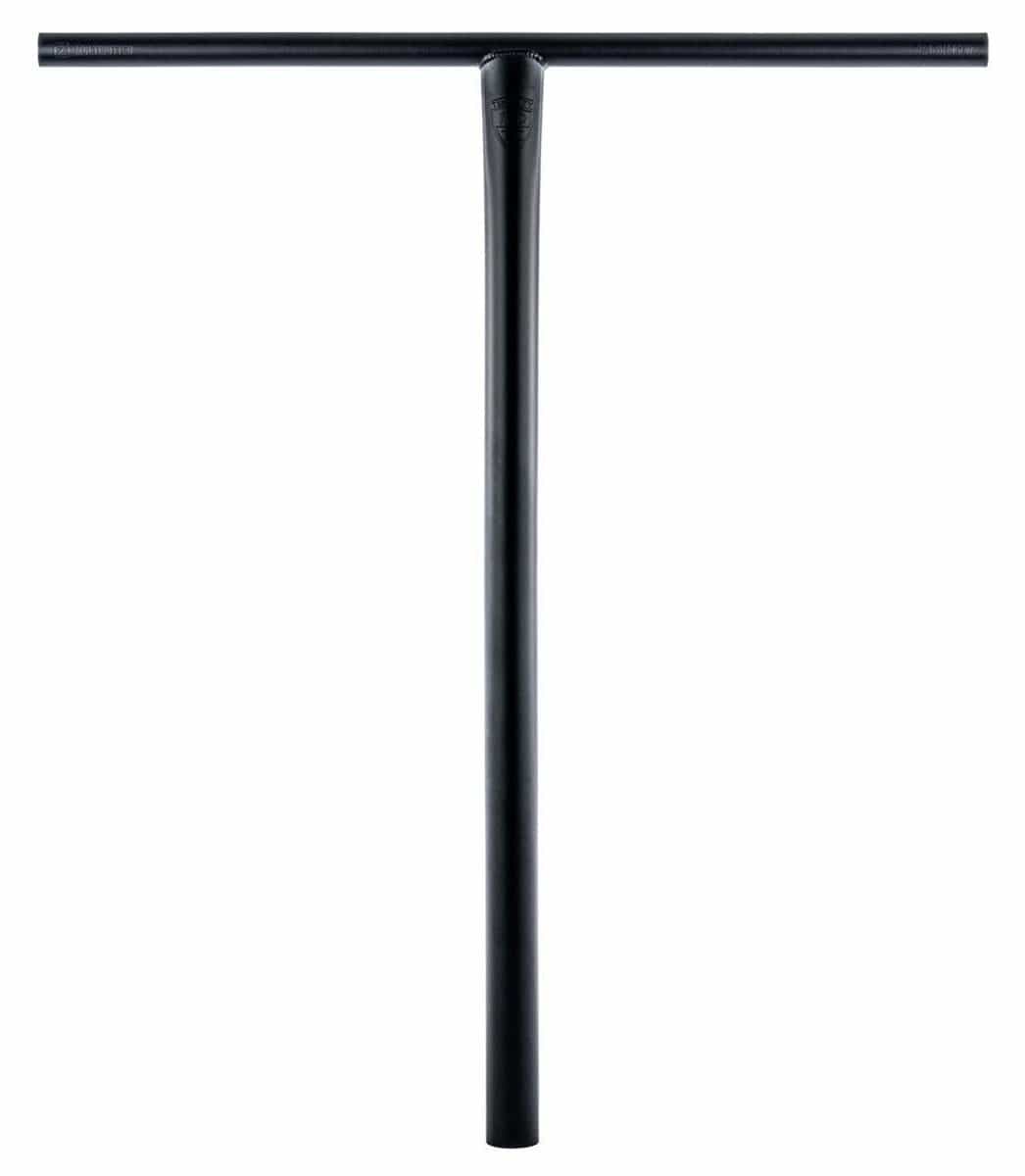 The Ethic DTC Tenacity V2 Steel Oversized HIC Stunt Scooter T-Bars in black feature a lightweight design with a long vertical stem and horizontal grip, making them ideal for freestyle or stunt scooters. The handlebars, which measure 720mm x 600mm, are elegantly displayed against a white background.