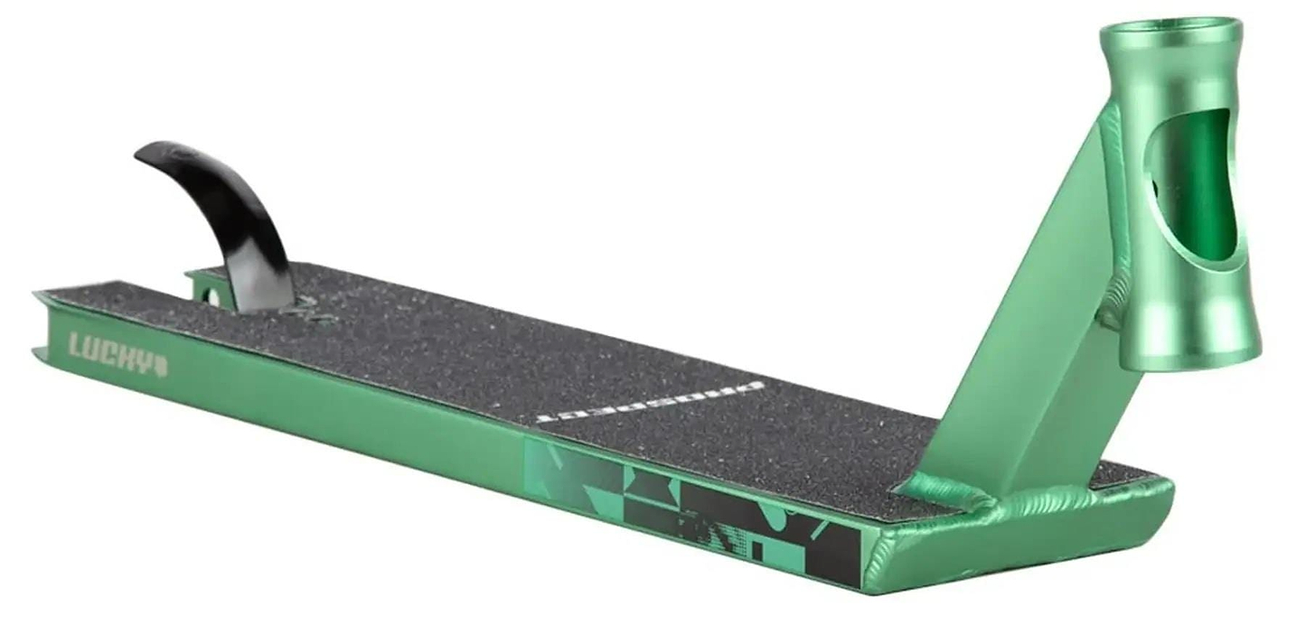 The Lucky Prospect 2025 Mint Stunt Scooter Deck (5" x 19.5") features durable 6000 Series aluminum, black griptape, "LUCKY" side branding, a front head tube cutout, and is ideal for advanced riders.