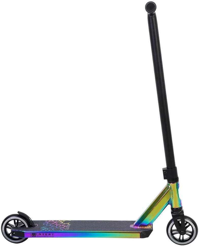 The Invert Supreme 2-8-13 Complete Stunt Scooter in neochrome features a vibrant finish, black handlebar, and two black wheels, shown from the side with the handlebar extended.