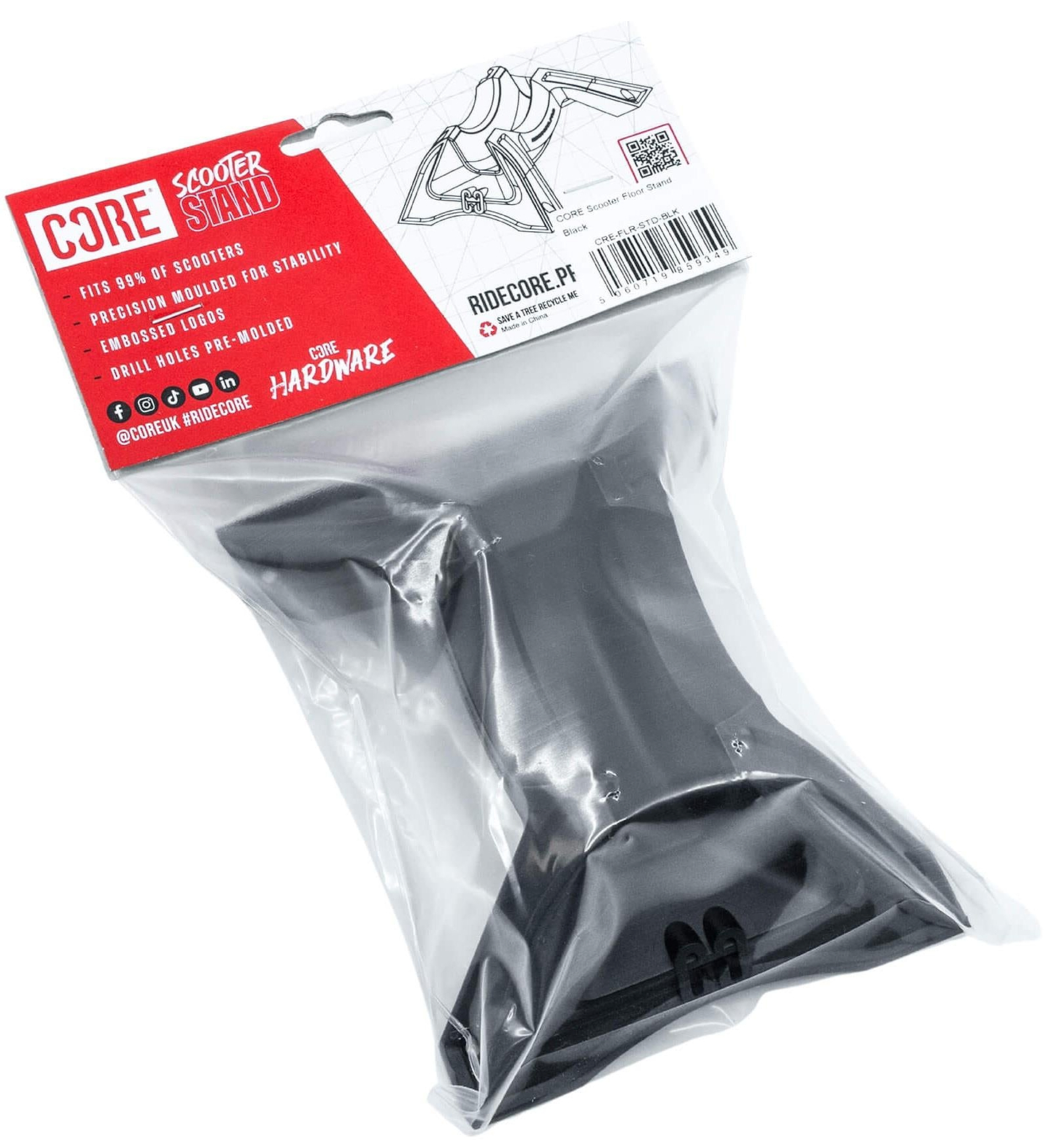 The CORE Claw Scooter Floor Stand - Black by CORE comes in a clear plastic bag with a red and white header label showing product details and a barcode. It fits 95% of scooters.