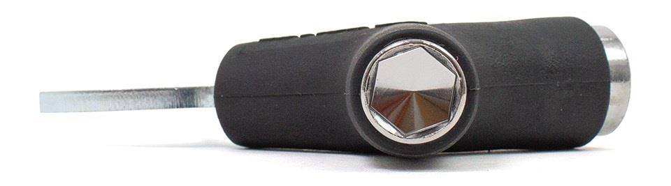 The Rio Roller Quad Roller Skate Tool - Black by Rio Roller, featuring a chrome socket attachment, is shown lying on its side against a white background—perfect for quad roller skate adjustments.