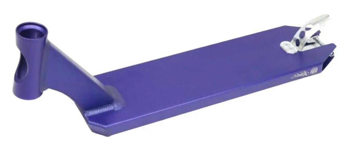 The Apex Pro Angus Hughes V3 Purple Signature Stunt Scooter Deck, measuring 5" x 19.3", showcases a sleek head tube and brake for a streamlined appearance. Its lightweight design is perfect for freestyle or stunt scooter enthusiasts who want to balance performance with style.