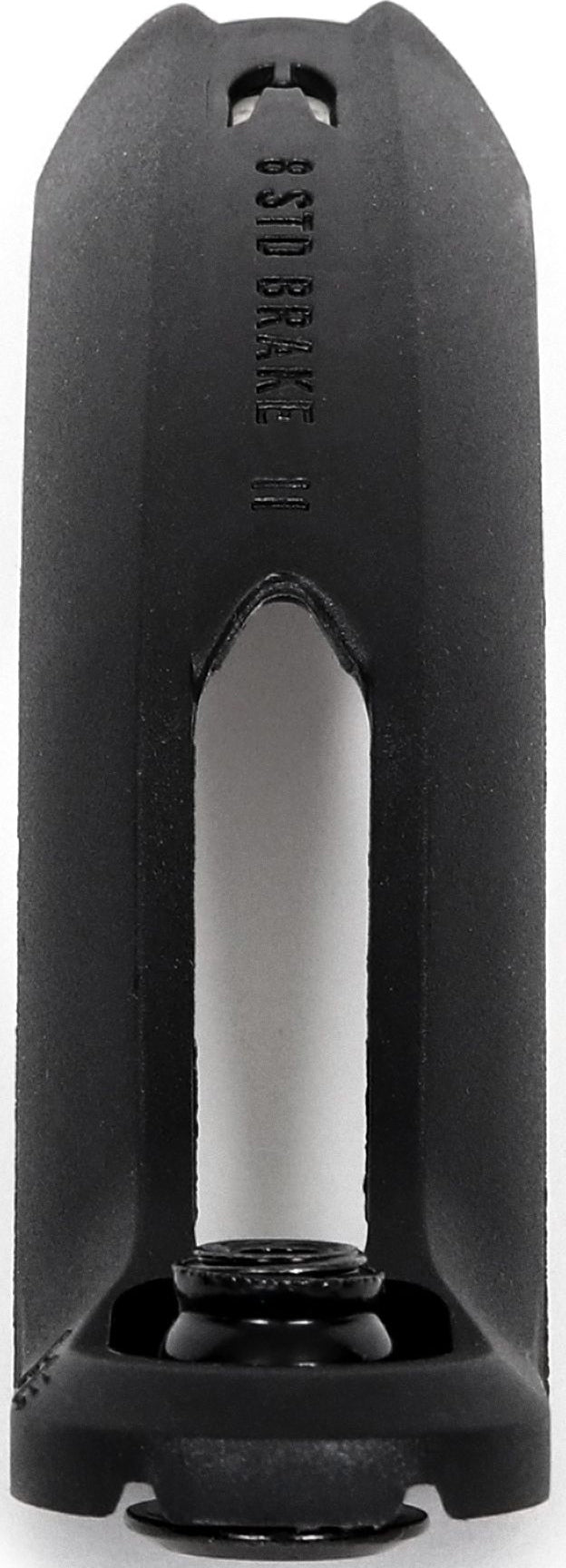 A black Ethic DTC Nylon V2 8 STD stunt scooter brake, featuring an elongated, hollow design with a central slit and visible screw at the bottom, is shown from the front.
