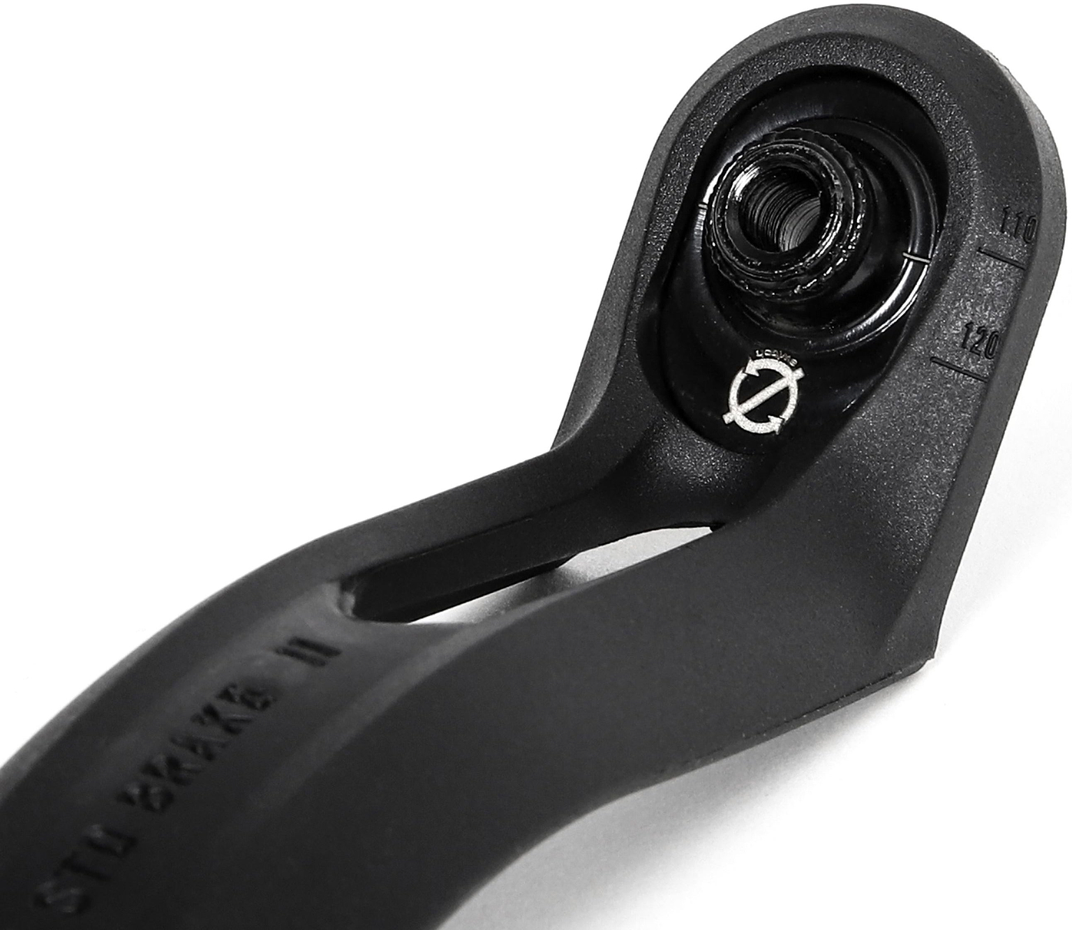 Close-up of a black bike crank arm showing the pedal attachment hole and threads, with engraved measurement markers and text visible on the arm—much like the precision engineering found in Ethic components such as the Ethic DTC Nylon V2 8 STD Stunt Scooter Brake in black.