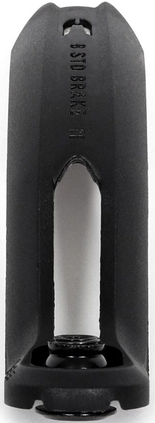 Close-up of an Ethic DTC Nylon V2 8 STD Stunt Scooter Brake in black, shown from the front to highlight its curved design and visible bolt at the base. Similar in style to sturdy nylon scooter brakes, with “BRKBRK” faintly imprinted on the upper section.