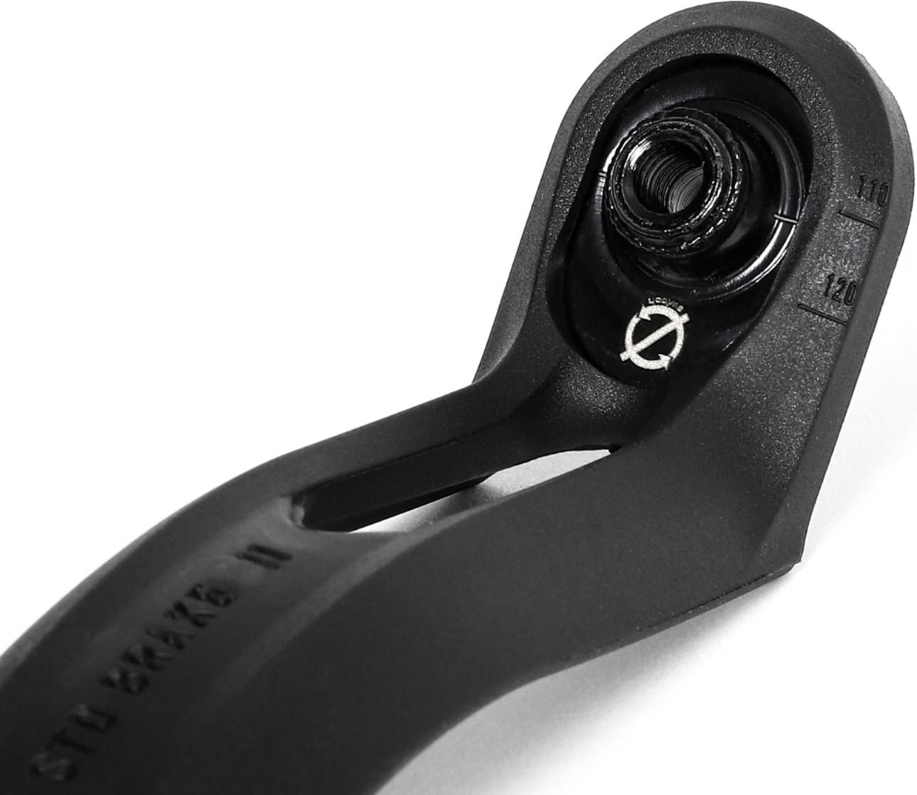 Close-up of the Ethic DTC Nylon V2 8 STD Stunt Scooter Brake in black, showing threading inside a circular opening with measurement lines labeled 118 and 120. The side of the Ethic brake features engraved text reading “STL BRAKE II.”.