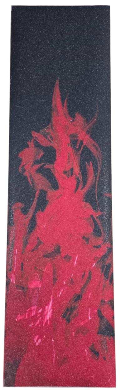 Introducing the Legacy Flame Stunt Scooter Griptape - Red by Legacy, featuring a durable rectangular sheet with a black background and bold red flame design, perfect for customising your scooter deck.