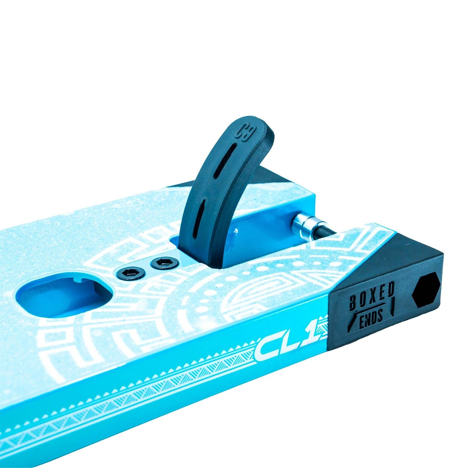 Close-up of a teal CORE CL1 "Turtlesent" Stunt Scooter Deck by CORE, 5" x 19", with a black brake, white patterns, "CL1" text, and "Boxed Ends" label—ideal for park riders wanting style and performance.