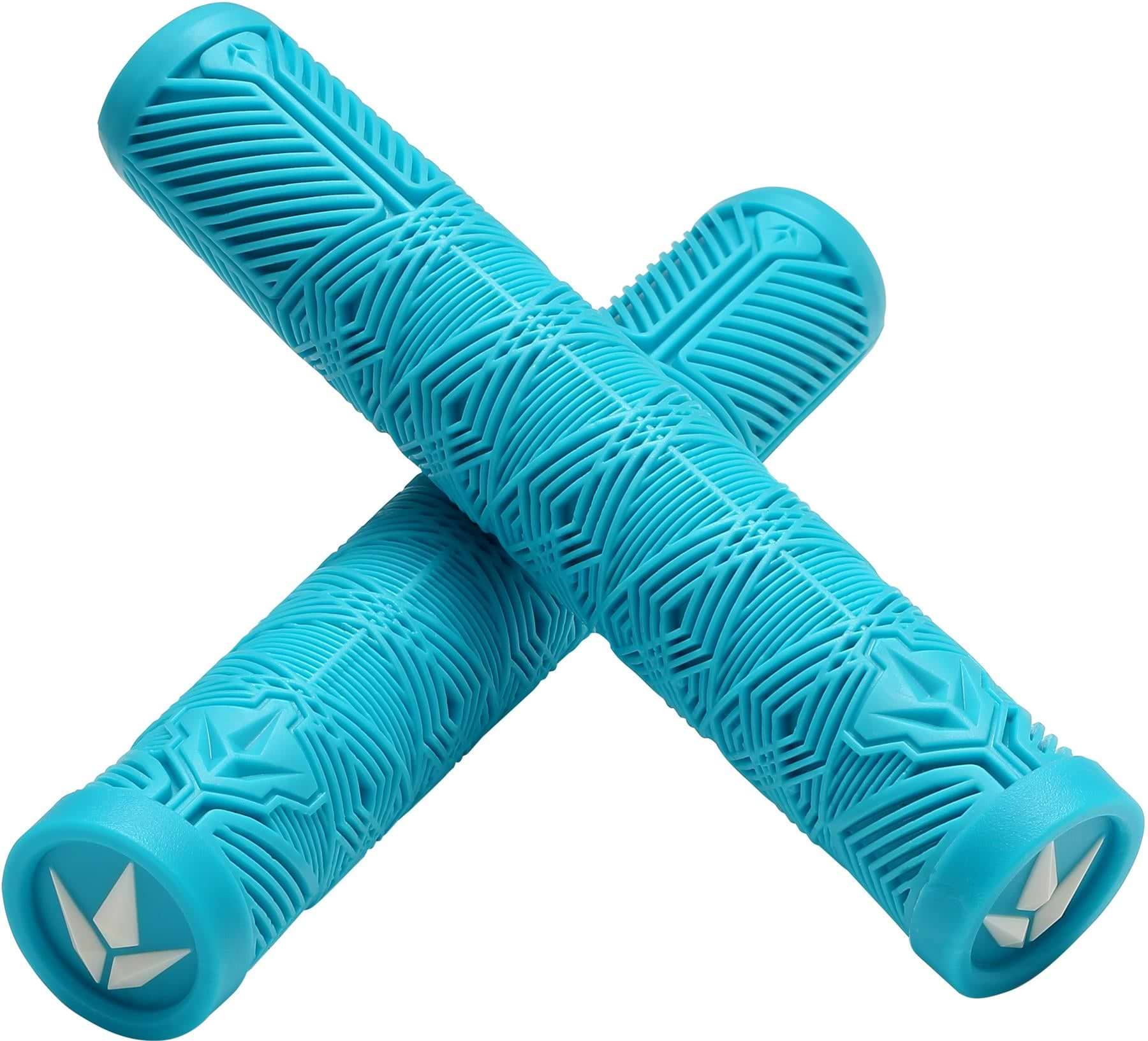 Two teal Blunt Envy V3 Stunt Scooter Grips (160mm) with textured geometric patterns and white logo end caps are crossed, making them the perfect accessory for any stunt scooter setup.