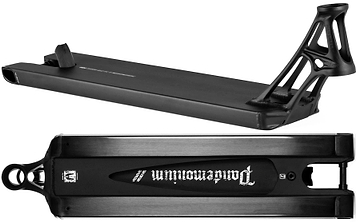 Two views of the Ethic Pandemonium V2 Boxed 8/12STD 5.9" Black Stunt Scooter Deck: the top with angled neck and cut-outs, and the underside with bold white Ethic branding.