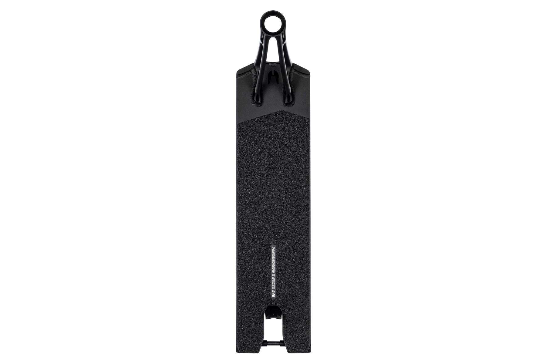 The Ethic DTC Pandemonium V2 Boxed Black Stunt Scooter Deck (5.5" x 21.3") is ultra-lightweight with grip tape and a rear cutout, featuring an integrated braking system and robust structure for durability and stability while riding.