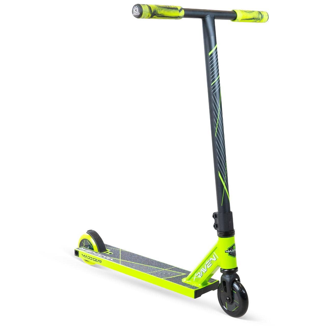 The Madd Gear MG 1 Raven Complete Stunt Scooter in lime and black features two wheels, ABEC-5 chrome bearings, wide deck, straight handlebars, and lightweight design with "Raven" and diagonal stripes printed on the deck and frame.