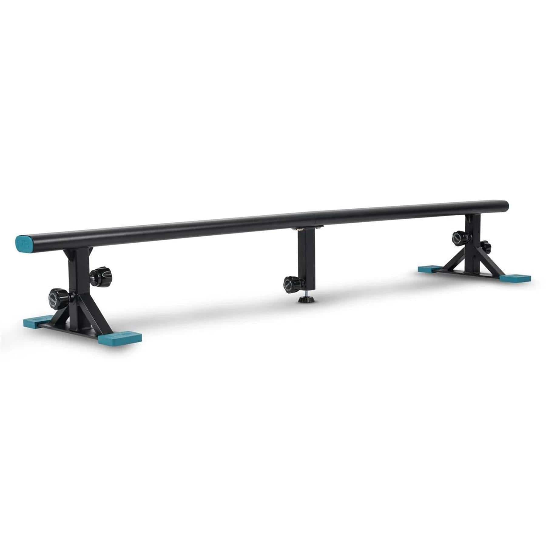 The Invert Supreme Portable Grind Rail – Black by Invert is a weatherproof, adjustable skate rail with blue end caps and supports, designed for skateboarding or inline skating tricks, shown against a white background.