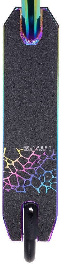 Top view of the Invert Supreme 2-8-13 Complete Stunt Scooter - Neochrome shows black grip tape, a hexagonal rainbow pattern, "INVERT" in white, and metallic neochrome edges. Perfect stunt scooter for ages 8–13 from Invert.