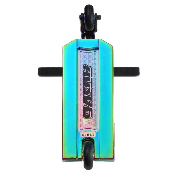 Top-down view of the Blunt Envy AOS V6 Finger Scooter in Oil Slick Neochrome, featuring a colorful metallic deck with "SQUAD" and "BLAZER" graphics, black wheels, and handlebars resembling an AOS V6 replica design.
