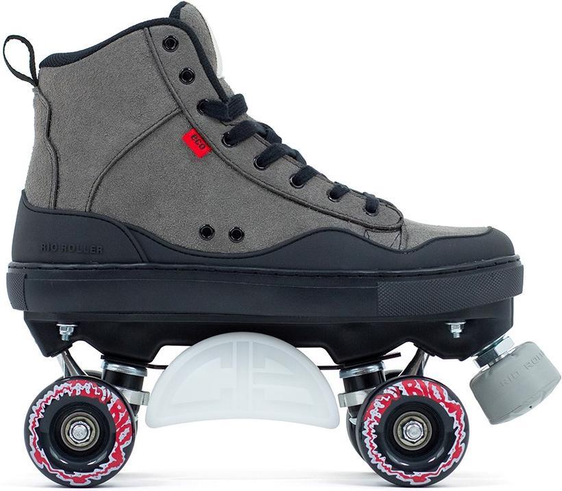 The Rio Roller Ramp Quad Roller Skates - Grey feature a sleek high-top design with black laces, black sole, and four white and red wheels. The Rio Roller logo appears on the side, adding stylish flair for ramp skating.