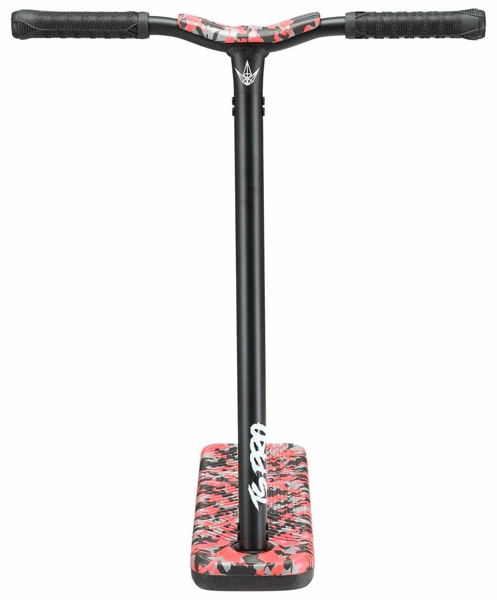 The Blunt Envy TS Pro 6 Indoor Trampoline Stunt Scooter - Red Camo boasts a T-shaped customizable scooter bar design and features a striking red camo deck that stands out as it leans upright against a white background.