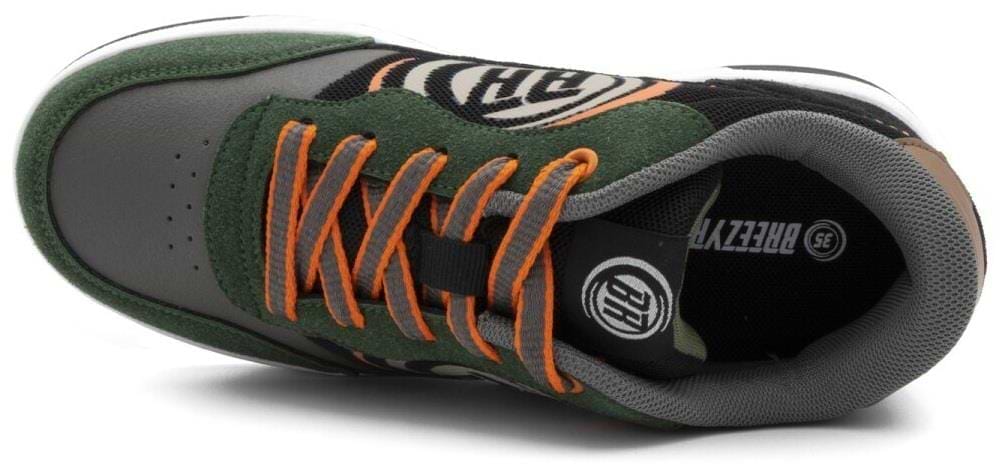 Top view of Breezy Rollers Hero 2 Shoes in black and green with gray panels, orange laces, and the Breezy Rollers logo—highlighting their patented wheel system.
