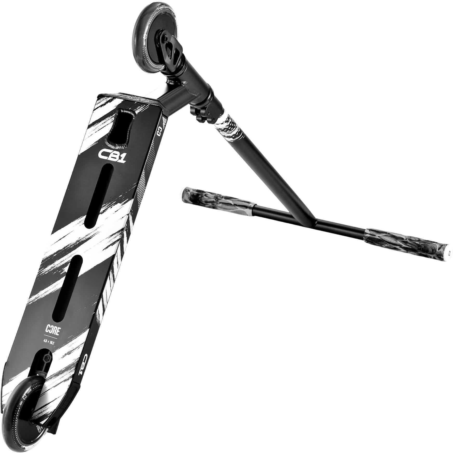 The CORE CB1 Beginner Complete Stunt Scooter - Black by CORE is shown tilted on its handlebars and rear wheel. Its deck displays bold "CB1" and "CORE" graphics, making it an ideal stunt scooter for beginners.