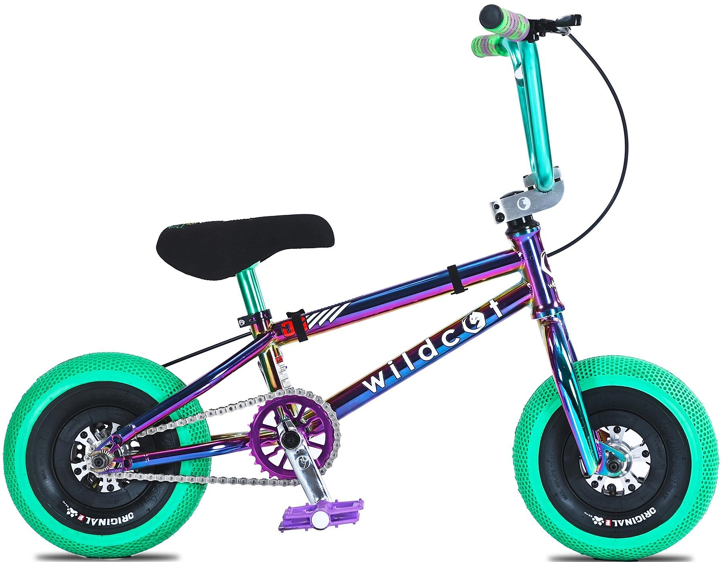 The Wildcat OG Pro Mini BMX Bike - Joker Green Hulk features a shiny iridescent frame, bright green tires, black seat, green grips, and "wild" on the frame—perfect for fans of Wildcat’s signature OG Pro Series style.