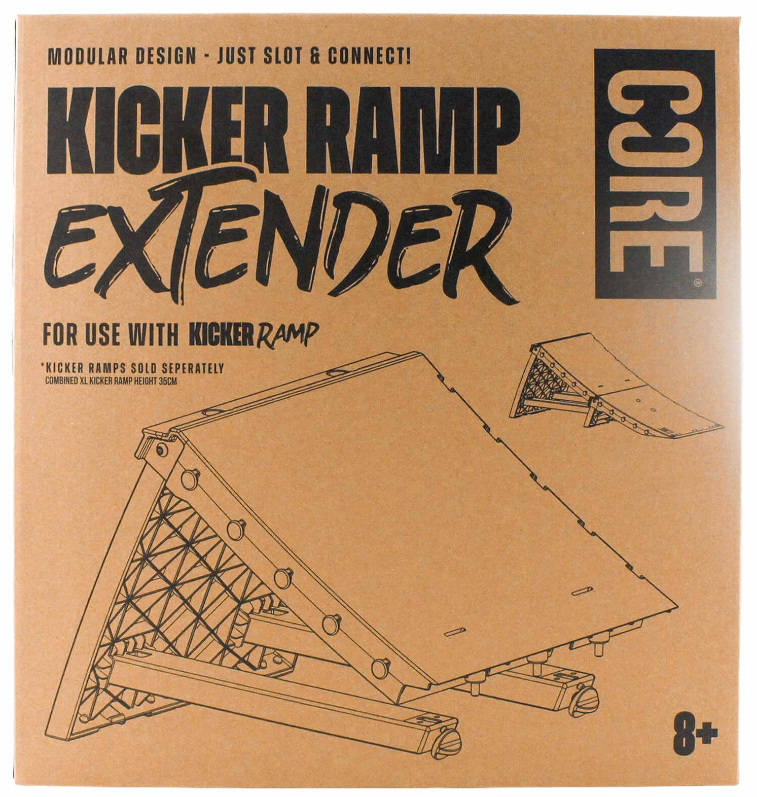 Brown cardboard box for the CORE XL Kicker Ramp Extender by CORE, featuring line drawings of the ramp and text showing it extends ramp height for use with the Kicker Ramp. Suitable for ages 8+.