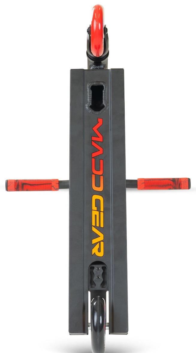 Top-down view of the Madd Gear MG 2 Obsidian Complete Stunt Scooter - Frenzy by MGP, featuring "MADD GEAR" in yellow and red on the deck, red grips, and visible wheels—an ideal stunt scooter for kids.