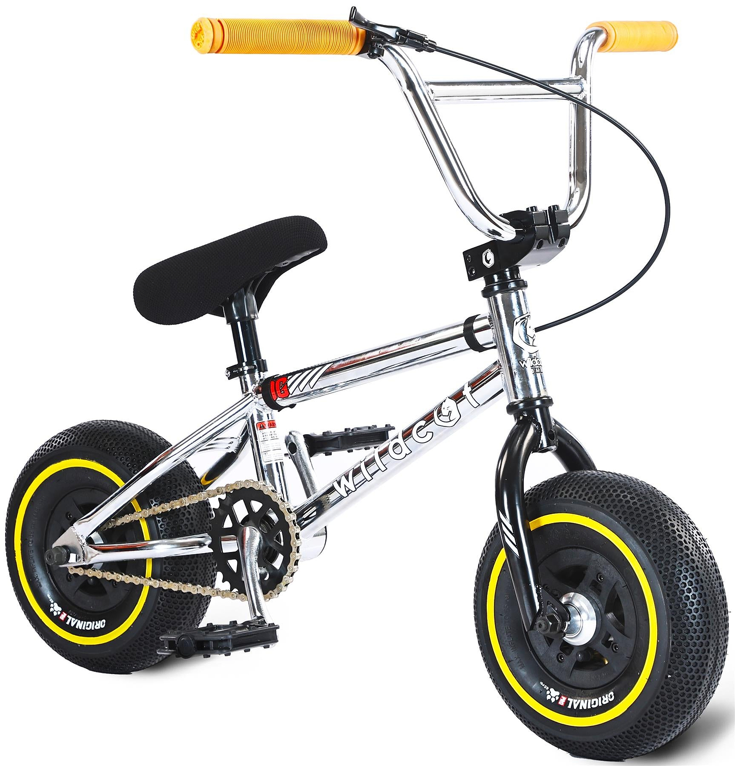 The Wildcat OG 3A Mini BMX Bike - Galaxy Yellow by Wildcat features a chrome frame, thick black tires with yellow rims, orange grips, and a black padded seat—ideal for skatepark BMX tricks and shown angled on a white background.
