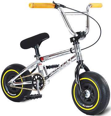 The Wildcat OG 3A Mini BMX Bike - Galaxy Yellow by Wildcat features a chrome frame, thick black tires with yellow rims, orange grips, and a black padded seat—ideal for skatepark BMX tricks and shown angled on a white background.