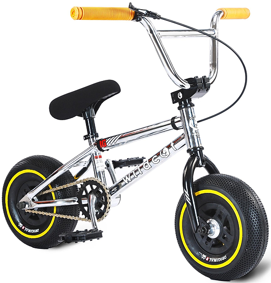 The Wildcat OG 3A Mini BMX Bike - Galaxy Yellow by Wildcat features a chrome frame, thick black tires with yellow rims, orange grips, and a black padded seat—ideal for skatepark BMX tricks and shown angled on a white background.