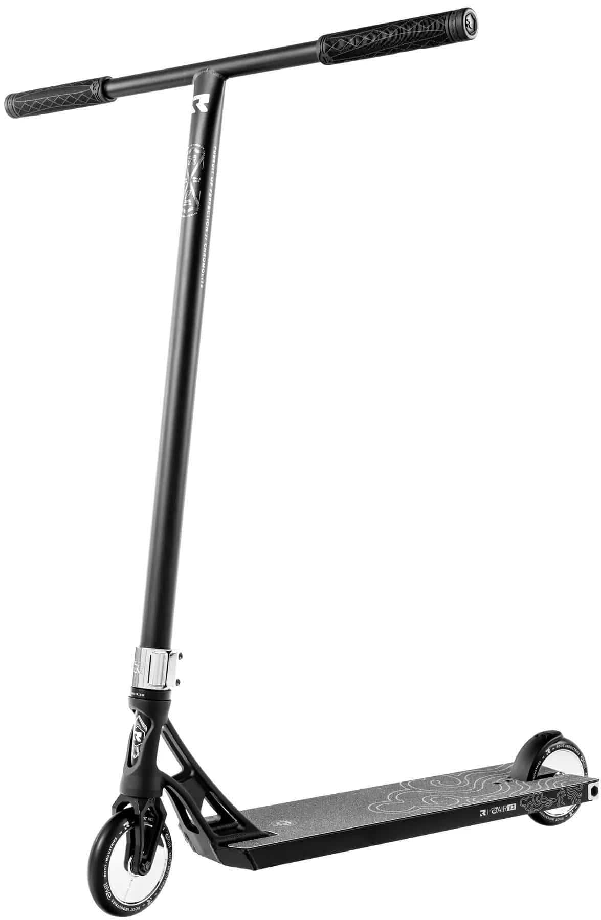 The Root Industries AIR RS V3 Complete Stunt Scooter in black features a straight T-bar handle, black grips, two small wheels, and a subtly designed deck for a sleek, minimalist look.