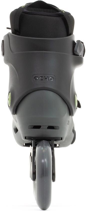 A close-up of the Echo Sonar 3 Wheel Inline Freeskates - Black shows the rear wheel, part of the padded cuff, and the “Echo” branding on the back.
