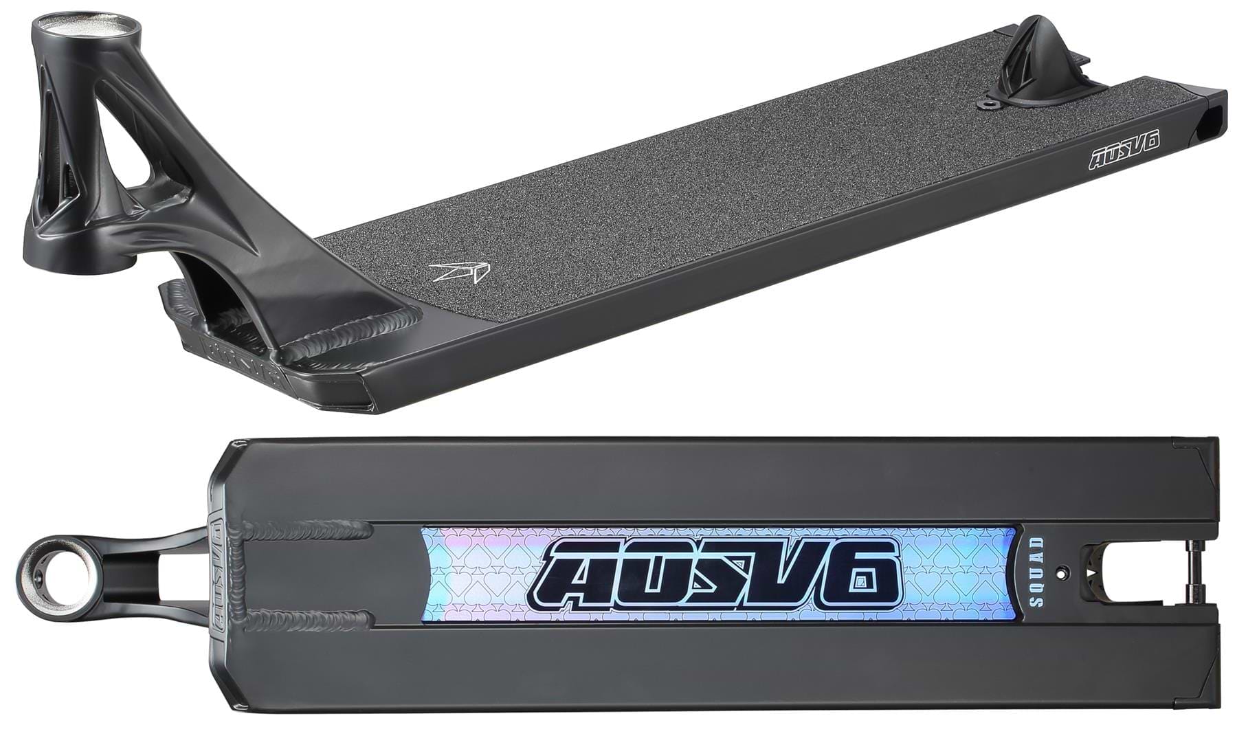 Two views of the Blunt Envy AOS V6 Squad Black Stunt Scooter Deck (6" x 22"): top view shows the textured deck surface, while the bottom view reveals a holographic AOSV6 logo with geometric designs.