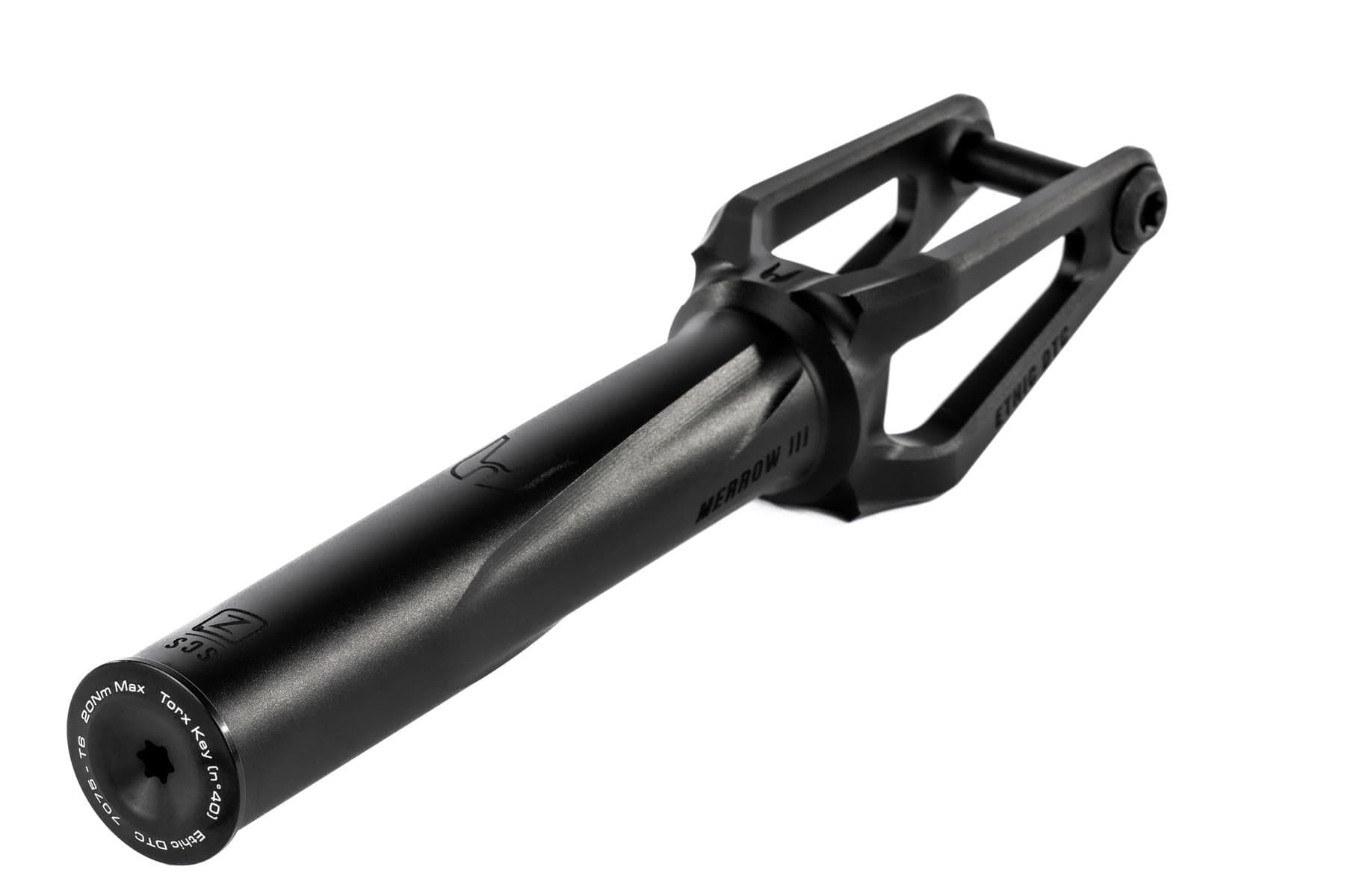 The Ethic DTC Merrow V3 SCS Stunt Scooter Fork in black features a modern 7075 aluminium build with cut-out sections and a cylindrical axle area, offering lightweight strength and stylish Ethic branding.