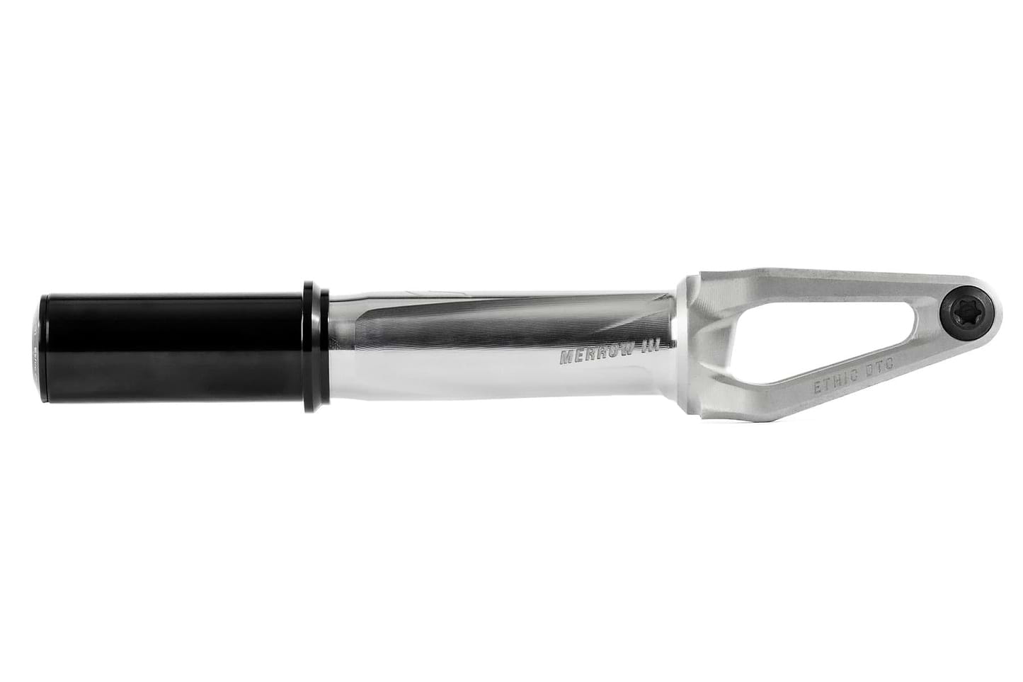 The Ethic DTC Merrow V3 IHC Stunt Scooter Fork in Raw Silver is a lightweight 7075 aluminium fork from Ethic, featuring a polished silver finish, black cylindrical attachment, and an open slot with a bolt.