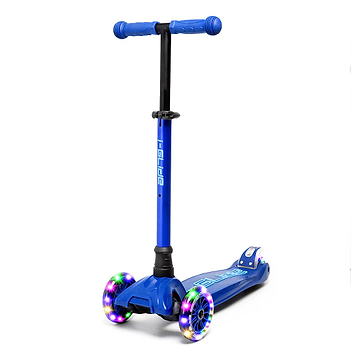 The I-Glide i-Glide 3-Wheel LED Kids Scooter - Blue/Blue boasts a vibrant blue design with an adjustable height handlebar. Its front wheels light up with colorful LEDs, enhancing the sleek deck set against a plain white background.
